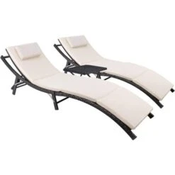 Devoko Patio Chaise Lounge Sets Outdoor Rattan Adjustable Back 3 Pieces Cushioned Patio Folding Chaise Lounge With Folding Table (Beige)