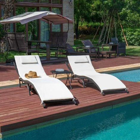 Devoko Patio Chaise Lounge Sets Outdoor Rattan Adjustable Back 3 Pieces Cushioned Patio Folding Chaise Lounge With Folding Table (Beige) 4 Devoko Patio Chaise Lounge Sets Outdoor Rattan Adjustable Back 3 Pieces Cushioned Patio Folding Chaise Lounge With Folding Table (Beige) - Image 2
