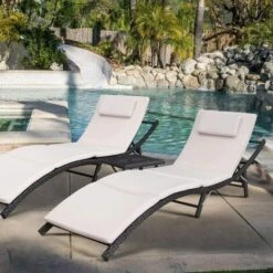 Devoko Patio Chaise Lounge Sets Outdoor Rattan Adjustable Back 3 Pieces Cushioned Patio Folding Chaise Lounge With Folding Table (Beige) 9 Devoko Patio Chaise Lounge Sets Outdoor Rattan Adjustable Back 3 Pieces Cushioned Patio Folding Chaise Lounge With Folding Table (Beige) -Outdoor Furniture Store 53297693 3