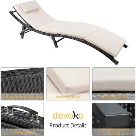 Devoko Patio Chaise Lounge Sets Outdoor Rattan Adjustable Back 3 Pieces Cushioned Patio Folding Chaise Lounge With Folding Table (Beige) 6 Devoko Patio Chaise Lounge Sets Outdoor Rattan Adjustable Back 3 Pieces Cushioned Patio Folding Chaise Lounge With Folding Table (Beige) - Image 4