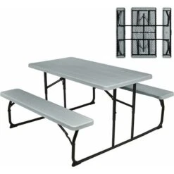 COSTWAY Folding Picnic Table And Bench Set, Portable Camping Trestle Table Chairs With Anti-slip Pads, Outdoor Foldable Dining Table Set Furniture For BBQ, Pub, Garden, Patio And Poolside (Grey)