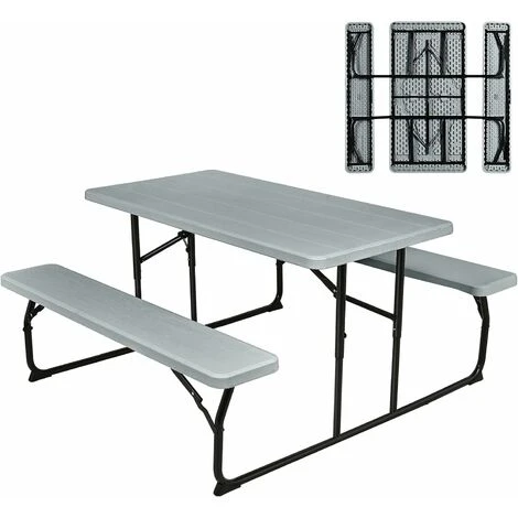COSTWAY Folding Picnic Table And Bench Set, Portable Camping Trestle Table Chairs With Anti-slip Pads, Outdoor Foldable Dining Table Set Furniture For BBQ, Pub, Garden, Patio And Poolside (Grey) 3 COSTWAY Folding Picnic Table And Bench Set, Portable Camping Trestle Table Chairs With Anti-slip Pads, Outdoor Foldable Dining Table Set Furniture For BBQ, Pub, Garden, Patio And Poolside (Grey)