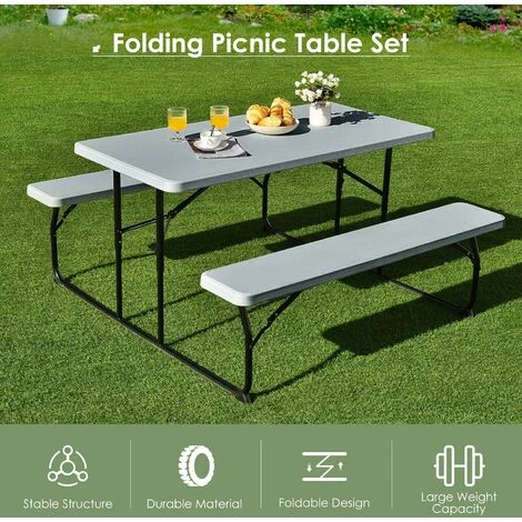 COSTWAY Folding Picnic Table And Bench Set, Portable Camping Trestle Table Chairs With Anti-slip Pads, Outdoor Foldable Dining Table Set Furniture For BBQ, Pub, Garden, Patio And Poolside (Grey) 4 COSTWAY Folding Picnic Table And Bench Set, Portable Camping Trestle Table Chairs With Anti-slip Pads, Outdoor Foldable Dining Table Set Furniture For BBQ, Pub, Garden, Patio And Poolside (Grey) - Image 2