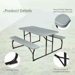COSTWAY Folding Picnic Table And Bench Set, Portable Camping Trestle Table Chairs With Anti-slip Pads, Outdoor Foldable Dining Table Set Furniture For BBQ, Pub, Garden, Patio And Poolside (Grey) 10 COSTWAY Folding Picnic Table And Bench Set, Portable Camping Trestle Table Chairs With Anti-slip Pads, Outdoor Foldable Dining Table Set Furniture For BBQ, Pub, Garden, Patio And Poolside (Grey) -Outdoor Furniture Store 53416925 4
