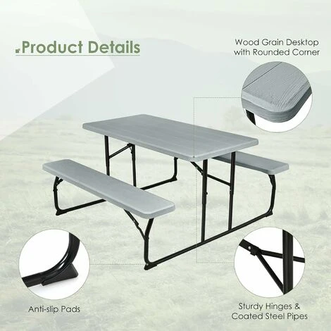 COSTWAY Folding Picnic Table And Bench Set, Portable Camping Trestle Table Chairs With Anti-slip Pads, Outdoor Foldable Dining Table Set Furniture For BBQ, Pub, Garden, Patio And Poolside (Grey) 6 COSTWAY Folding Picnic Table And Bench Set, Portable Camping Trestle Table Chairs With Anti-slip Pads, Outdoor Foldable Dining Table Set Furniture For BBQ, Pub, Garden, Patio And Poolside (Grey) - Image 4