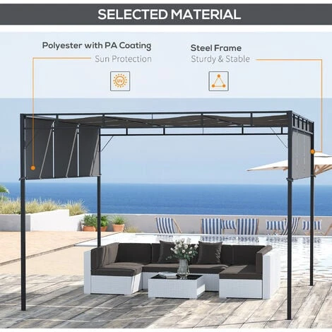 Outsunny 3(m) Steel Pergola Garden Gazebo W/ Retractable Canopy, Dark Grey 6 Outsunny 3(m) Steel Pergola Garden Gazebo W/ Retractable Canopy, Dark Grey - Image 4