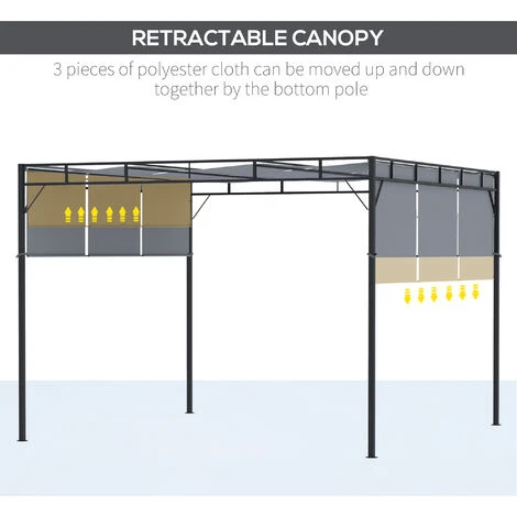 Outsunny 3(m) Steel Pergola Garden Gazebo W/ Retractable Canopy, Dark Grey 7 Outsunny 3(m) Steel Pergola Garden Gazebo W/ Retractable Canopy, Dark Grey - Image 5