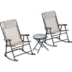 Outsunny 3 Pcs Outdoor Conversation Set W/ Rocking Chairs And Side Table Beige