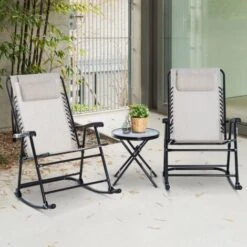 Outsunny 3 Pcs Outdoor Conversation Set W/ Rocking Chairs And Side Table Beige -Outdoor Furniture Store 53537413 3
