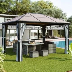 4x3m Aluminum Gazebo Canopy Tent Outdoor Marquee With Hardtop, Curtains And Netting, For Garden, Patio, Lawns, Parties