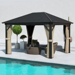 Outsunny 3.6 X 3(m) Metal Backyard Hardtop Gazebo With Screened Curtain Brown 9 Outsunny 3.6 X 3(m) Metal Backyard Hardtop Gazebo With Screened Curtain Brown -Outdoor Furniture Store 53592926 3