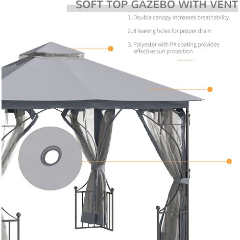 Outsunny Gazebo Party Tent Canopy Sun Shade For Patio Garden Light Grey 6 Outsunny Gazebo Party Tent Canopy Sun Shade For Patio Garden Light Grey - Image 4