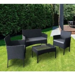 4pcs Rattan Outdoor Garden Furniture Sofa Set Table & Chairs (Roger Black)