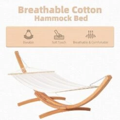 Outsunny Outdoor Garden Hammock Swing Hanging Bed W/Wooden Stand For Patio White -Outdoor Furniture Store 53630423 4