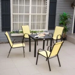 Outsunny Set Of 4 Garden Dining Chair Set Outdoor W/ High Back Armrest Beige -Outdoor Furniture Store 53830129 3