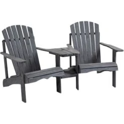 Outsunny Wooden Double Adirondack Chair W/ Center Table & Umbrella Hole Dark Grey