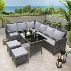 Lymington Corner Sofa Set- Rattan Corner Sofa With Comfy Polycotton Stuffed Grey Cushion And Back Pillows -Outdoor Furniture Store 54377568 3