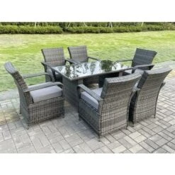 Fimous Outdoor Rattan Garden Furniture Dining Set Table And Chair Set Wicker Patio 6 Chairs Plus Black Tempered Glass Rectangular Table -Outdoor Furniture Store 55080827 3