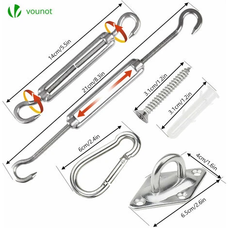 VOUNOT Sun Shade Sail Fixing Kit, 24 Pcs Heavy Duty Stainless Steel Hardware Set For Triangle Square Rectangle Sail Canopy Installation 4 VOUNOT Sun Shade Sail Fixing Kit, 24 Pcs Heavy Duty Stainless Steel Hardware Set For Triangle Square Rectangle Sail Canopy Installation - Image 2