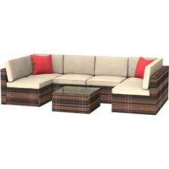 6 Seater Outdoor Furniture PE Rattan Garden Patio Sectional Sofa Table Set Brown