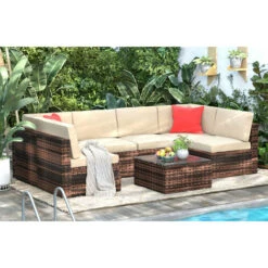 6 Seater Outdoor Furniture PE Rattan Garden Patio Sectional Sofa Table Set Brown -Outdoor Furniture Store 55740150 5