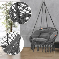 DETEX Hanging Chair With 2 Pillow 150kg Load Capacity 60cm Weatherproof 360° Swing Indoor Outdoor Hanging Seat Boho Style Anthracite -Outdoor Furniture Store 55931573 3