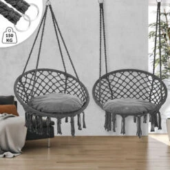 DETEX Hanging Chair With 2 Pillow 150kg Load Capacity 60cm Weatherproof 360° Swing Indoor Outdoor Hanging Seat Boho Style Anthracite -Outdoor Furniture Store 55931573 4