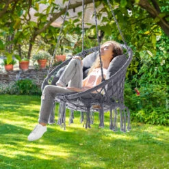 DETEX Hanging Chair With 2 Pillow 150kg Load Capacity 60cm Weatherproof 360° Swing Indoor Outdoor Hanging Seat Boho Style Anthracite -Outdoor Furniture Store 55931573 5