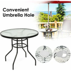 Patio Bistro Table Glass Top Outdoor Round Coffee Tea Table With Umbrella Hole -Outdoor Furniture Store 56622245 5