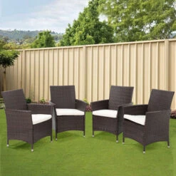 Livingandhome Set Of 4 Garden Rattan Chairs Lounge Cushioned Garden Chairs