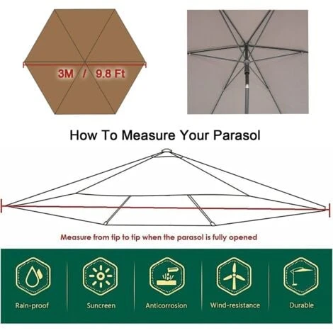 Parasol Replacement Cover - 6 Ribs - 3 M - Waterproof - Anti-Ultraviolet - Replacement Fabric (3M / 9.8Ft,Khaki) 5 Parasol Replacement Cover - 6 Ribs - 3 M - Waterproof - Anti-Ultraviolet - Replacement Fabric (3M / 9.8Ft,Khaki) - Image 3