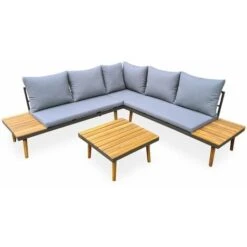 4-seater Wooden Garden Sofa Set With Side And Coffee Tables, Aluminium Frame - Cachi - Grey Cushions