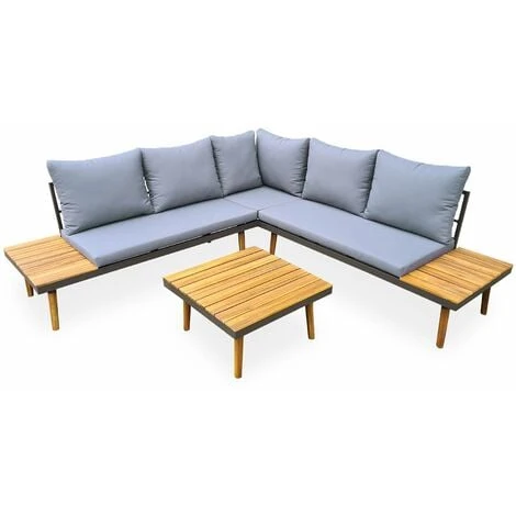 4-seater Wooden Garden Sofa Set With Side And Coffee Tables, Aluminium Frame - Cachi - Grey Cushions 3 4-seater Wooden Garden Sofa Set With Side And Coffee Tables, Aluminium Frame - Cachi - Grey Cushions
