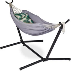 Relaxdays Hammock With Stand, 2 Persons, Frame Hammock, HxWxD 98x100x274 Cm, Bag, Cotton, Steel, Grey/Black