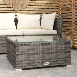 Garden Coffee Table Grey 60x60x30 Cm Poly Rattan And Glass VidaXL -Outdoor Furniture Store 58973845 2