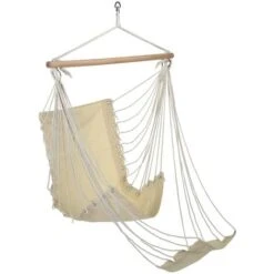 Topdeal Hammock Chair With Footrest Beige Cotton Canvas FF423983UK