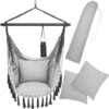Detex Hanging Hammock Chair 150kg Boho Style Drink Holder 2 Cushion XL Indoor Outdoor Swining Patio Balcony Seat Light Grey -Outdoor Furniture Store 59740741 1