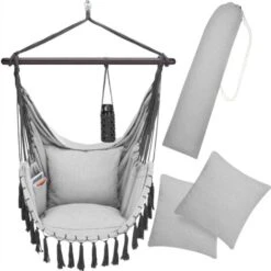 Detex Hanging Hammock Chair 150kg Boho Style Drink Holder 2 Cushion XL Indoor Outdoor Swining Patio Balcony Seat Light Grey
