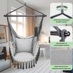 Detex Hanging Hammock Chair 150kg Boho Style Drink Holder 2 Cushion XL Indoor Outdoor Swining Patio Balcony Seat Light Grey -Outdoor Furniture Store 59740741 4