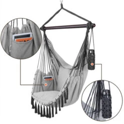 Detex Hanging Hammock Chair 150kg Boho Style Drink Holder 2 Cushion XL Indoor Outdoor Swining Patio Balcony Seat Light Grey -Outdoor Furniture Store 59740741 5
