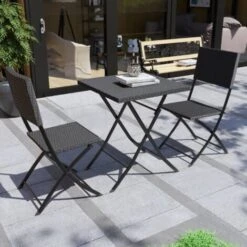 3 Piece Rattan Bistro Set Garden Patio Furniture Outdoor 2 Seater Table & Chairs Set, Black