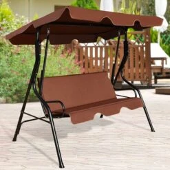 COSTWAY Garden Patio Metal Swing Chair, 3 Seater Hammock Bench Swinging Cushioned Seat, Heavy Duty Metal Frame Outdoor Canopy Swing Chairs