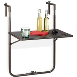 Relaxdays Folding Balcony Table, Hang On Railings, 3 Height Settings, Rattan Effect Tabletop, WxD: 59.5 X 36 Cm, Brown