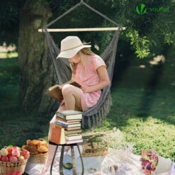 VOUNOT Hanging Hammock Chair with Cushions, Macrame Hammock Swing Chair for Garden, Bedroom, Patio, 265LBS Capacity, Grey -Outdoor Furniture Store 62572361 3