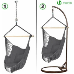 VOUNOT Hanging Hammock Chair with Cushions, Macrame Hammock Swing Chair for Garden, Bedroom, Patio, 265LBS Capacity, Grey -Outdoor Furniture Store 62572361 5
