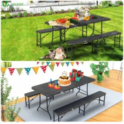 VOUNOT Folding Table Bench Set Trestle Portable Party Picnic BBQ Camping Set, Black -Outdoor Furniture Store 63631947 5