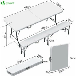 VOUNOT Folding Table Bench Set Trestle Portable Party Picnic BBQ Camping Set, White -Outdoor Furniture Store 63632129 3