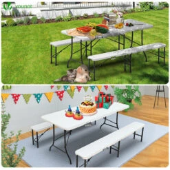 VOUNOT Folding Table Bench Set Trestle Portable Party Picnic BBQ Camping Set, White -Outdoor Furniture Store 63632129 5