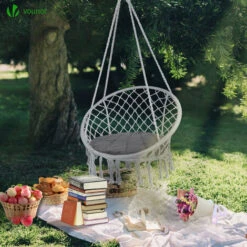 VOUNOT Swing Chair With Round Seat Cushion, Macrame Hammock Hanging Chair For Indoor, Outdoor, Grey -Outdoor Furniture Store 63632137 3