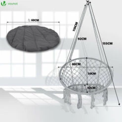 VOUNOT Swing Chair With Round Seat Cushion, Macrame Hammock Hanging Chair For Indoor, Outdoor, Grey -Outdoor Furniture Store 63632137 4